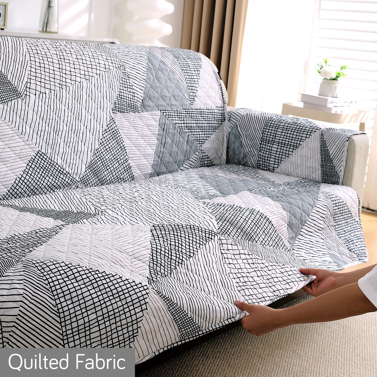 Waterproof & Quick-Dry Quilted Sofa Cover with Pockets on Armrest, Snow White Black Geometry