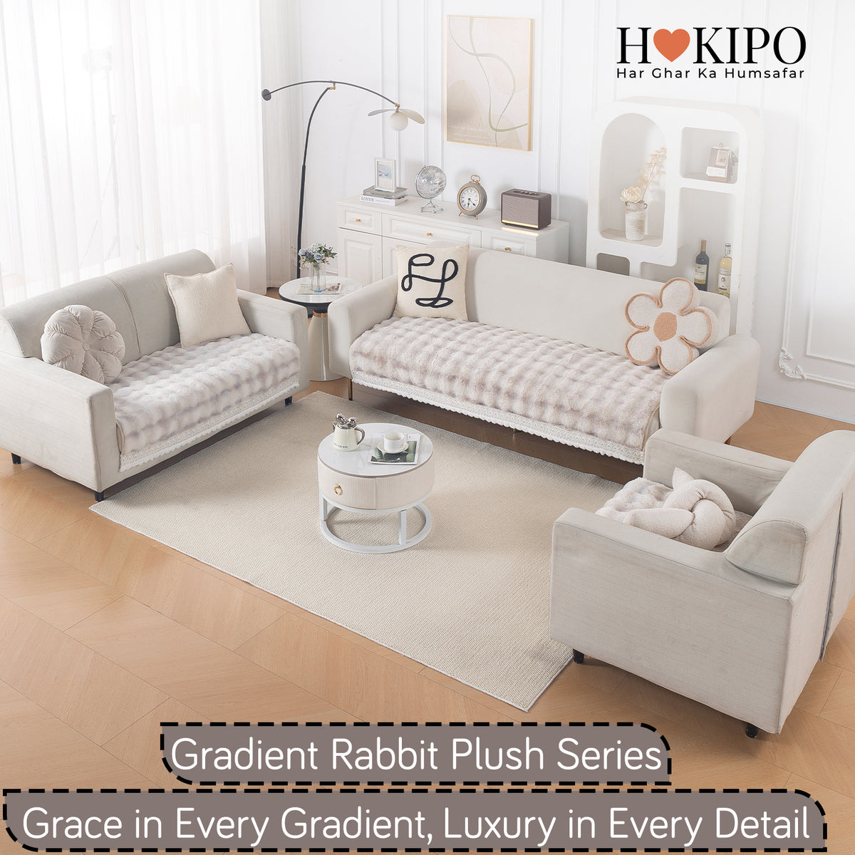 Faux Rabbit Fur Sofa Cover with Lace |Gradient Rabbit Plush, Cream