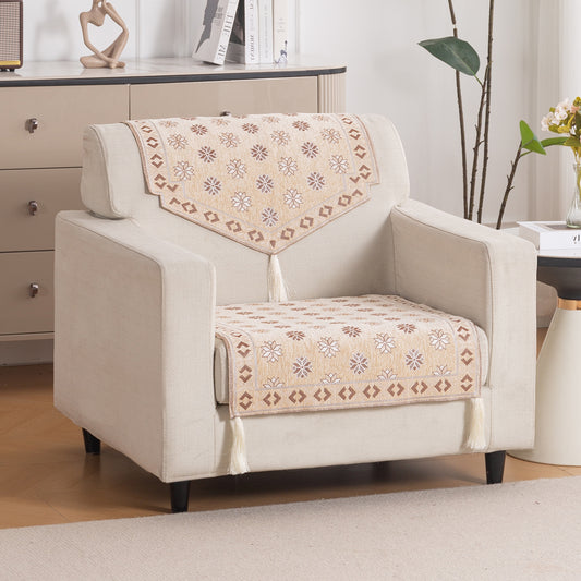 Heritage Weave Premium Jacquard Sofa Cover Set with Tassels - Sandy Beige
