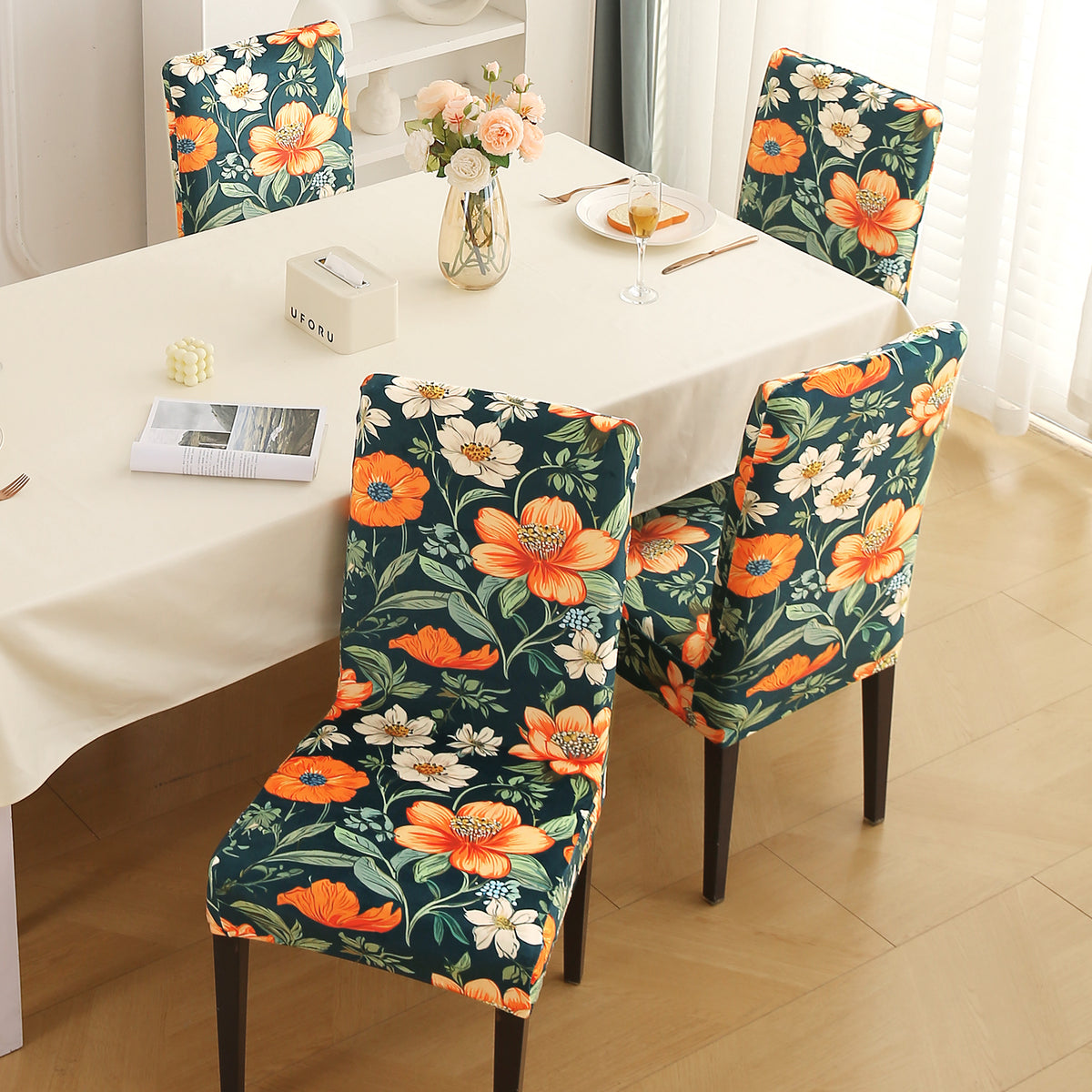 Premium Printed Velvet Dining Chair Cover Set, Teal Twilight Garden