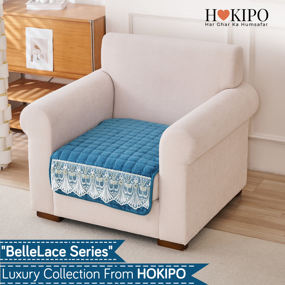 BelleLace Series Imperial Milk Velvet Sofa Cover Mat with Lace Design - Celdaon Blue