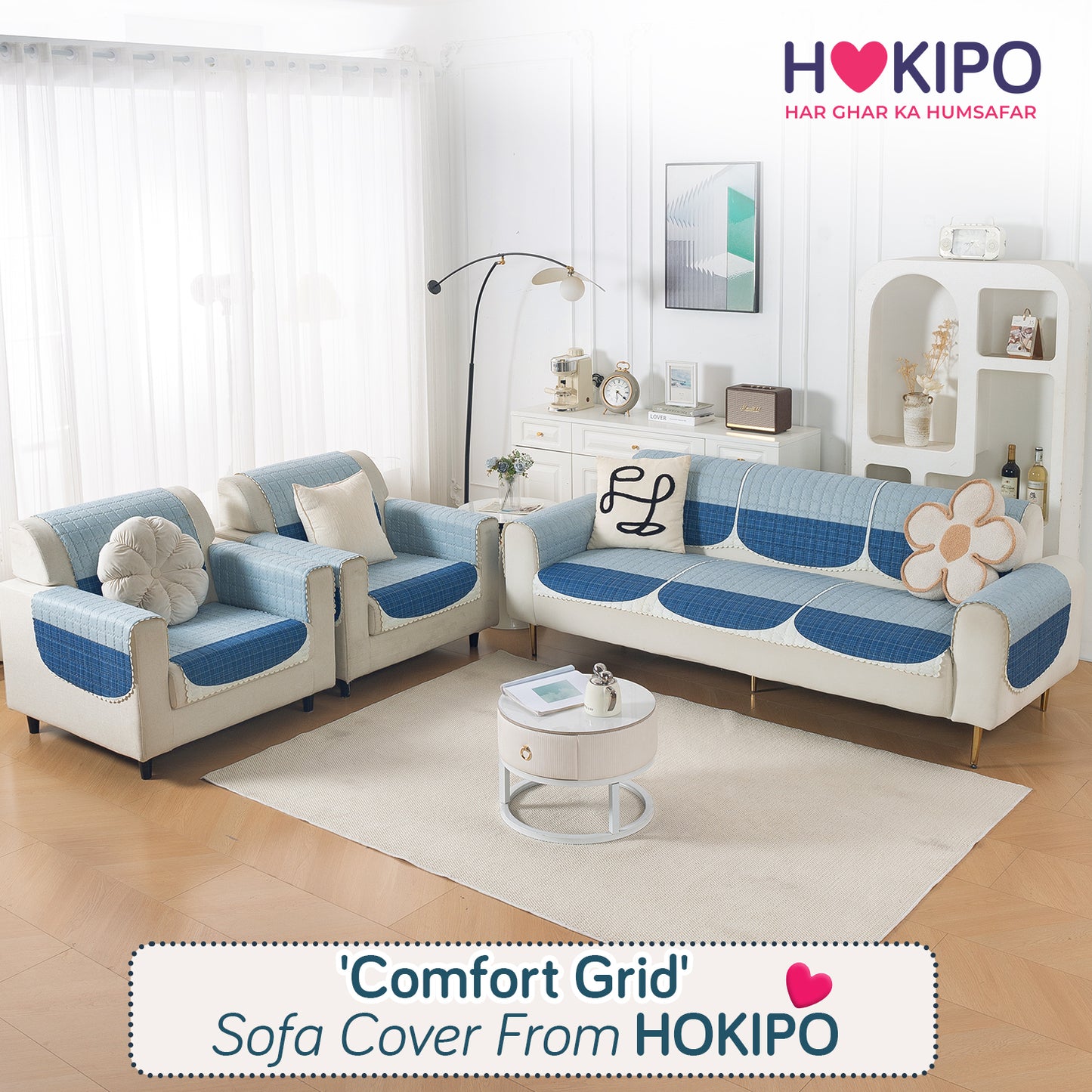 'Comfort Grid Series' Premium Quilted 5 (3+1+1) Seater Sofa Cover Set with Foam Filling | Ice Blue