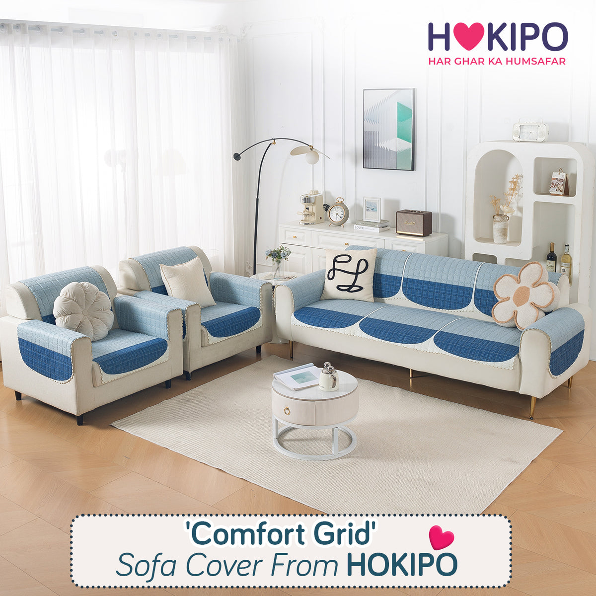 'Comfort Grid Series' Premium Quilted 5 (3+1+1) Seater Sofa Cover Set with Foam Filling | Ice Blue