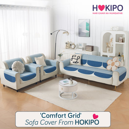 'Comfort Grid Series' Premium Quilted 5 (3+1+1) Seater Sofa Cover Set with Foam Filling | Ice Blue
