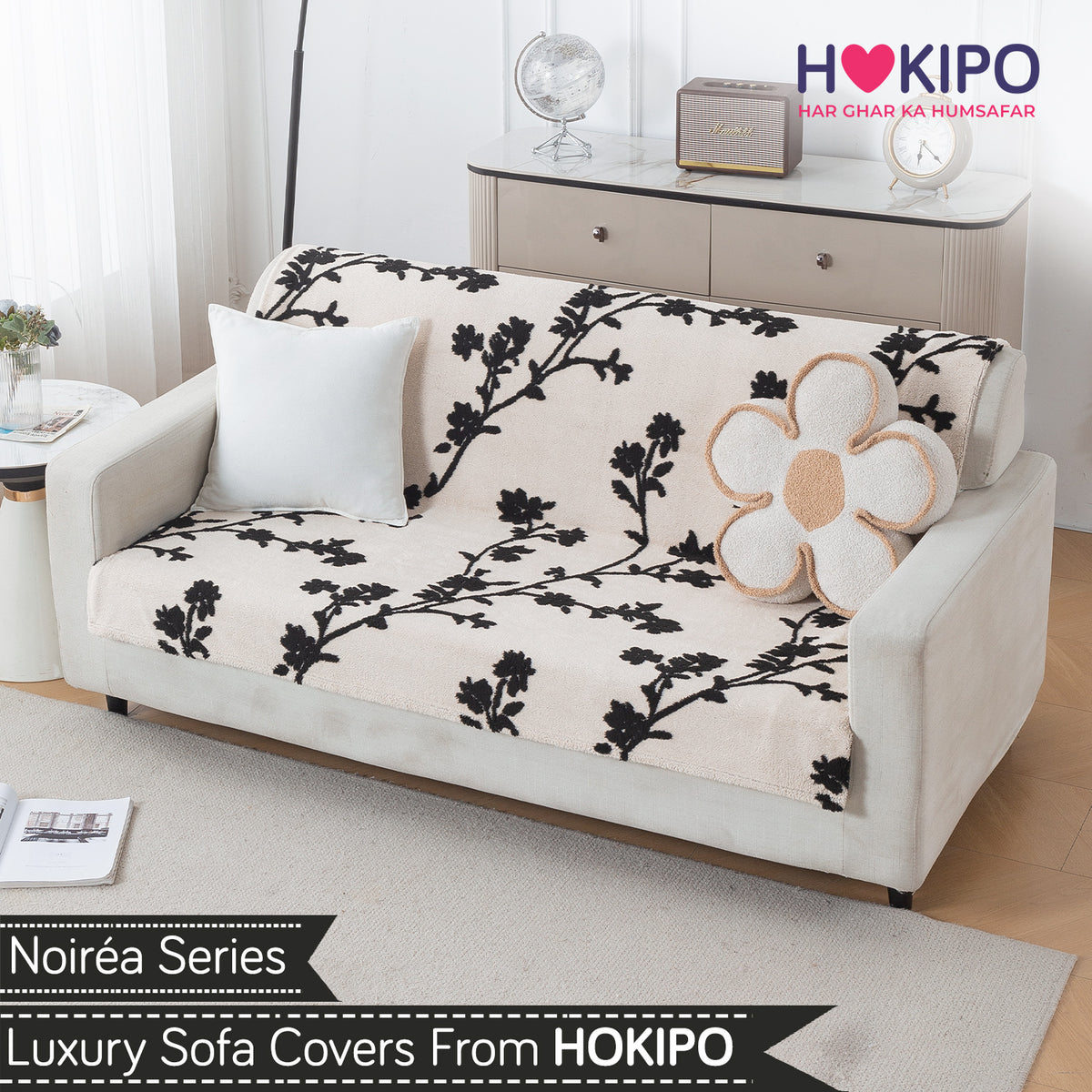 'Noirea Series' Plush Sofa Cover for Seat & Back, Botanical Vine