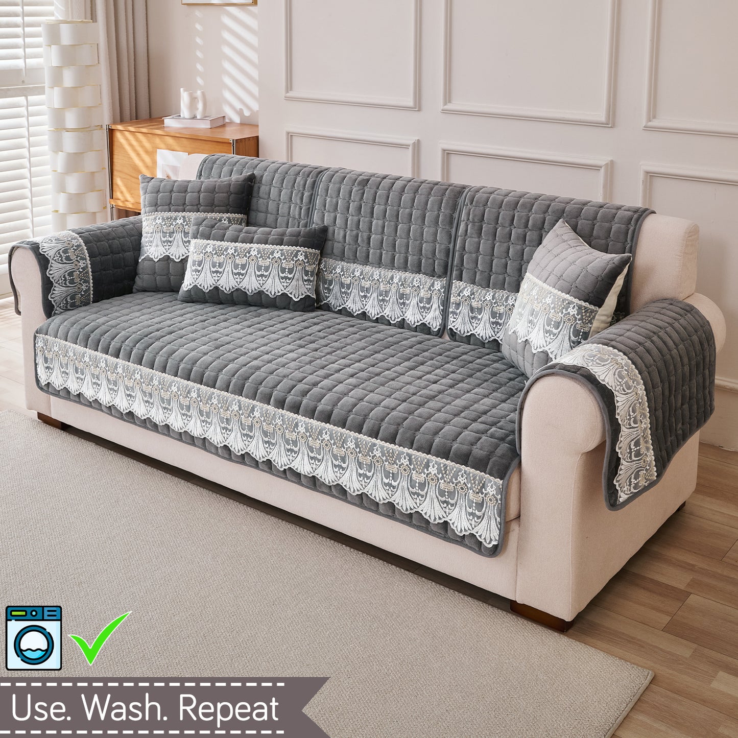 BelleLace Series 5-Seater Sofa Cover (3+1+1), Porpoise Grey