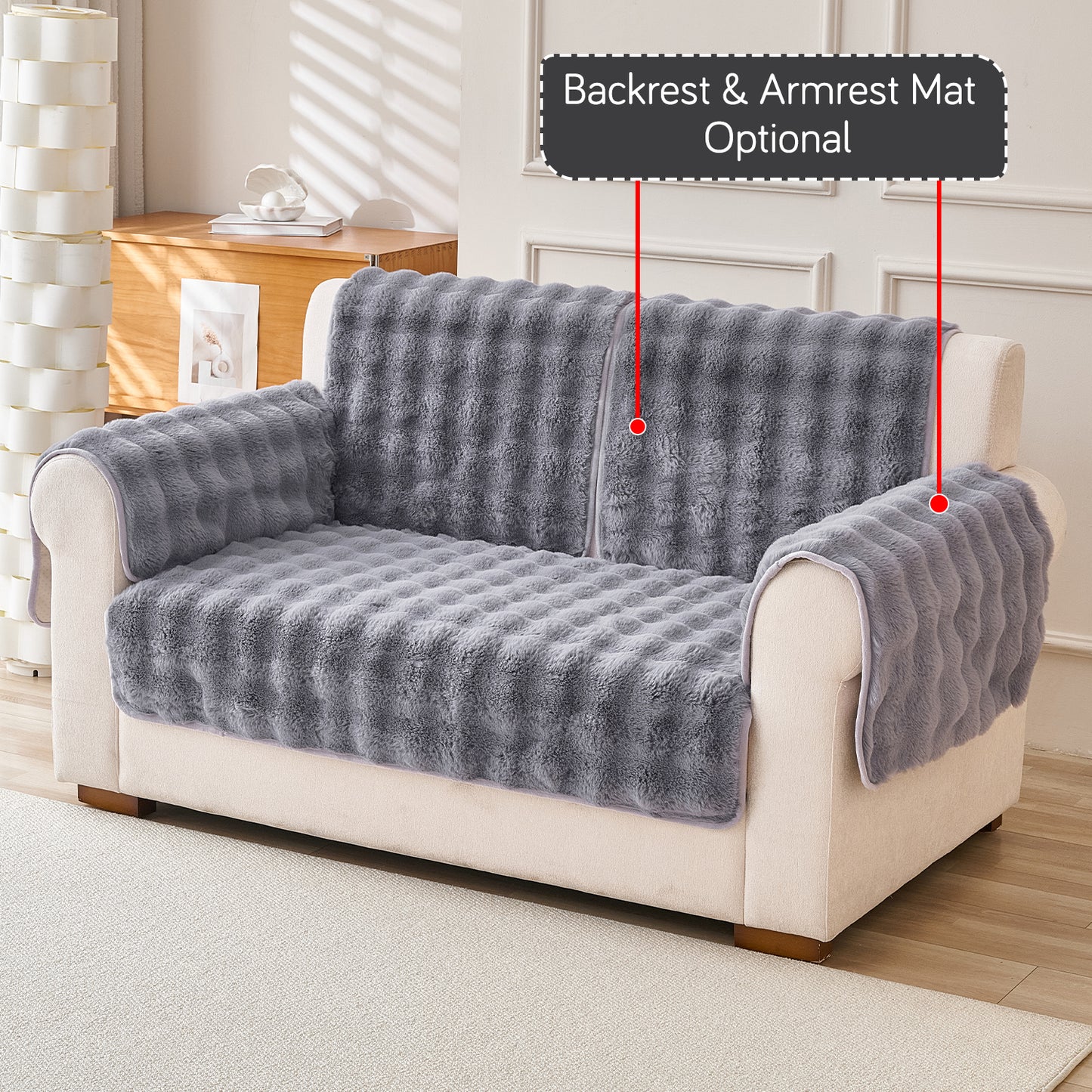 Premium Faux Rabbit Fur Anti Slip Sofa Mat for 1/2/3 Seater, Cool Grey