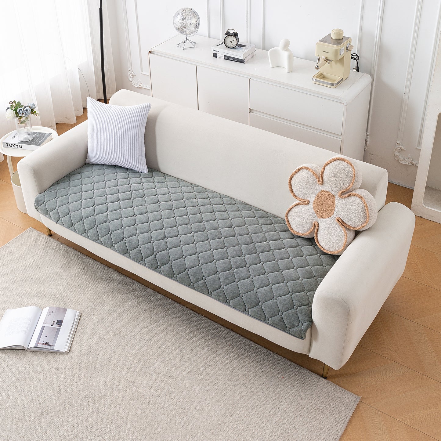 Diamond Tuft Plush Sofa Cover Mat, Stone Grey