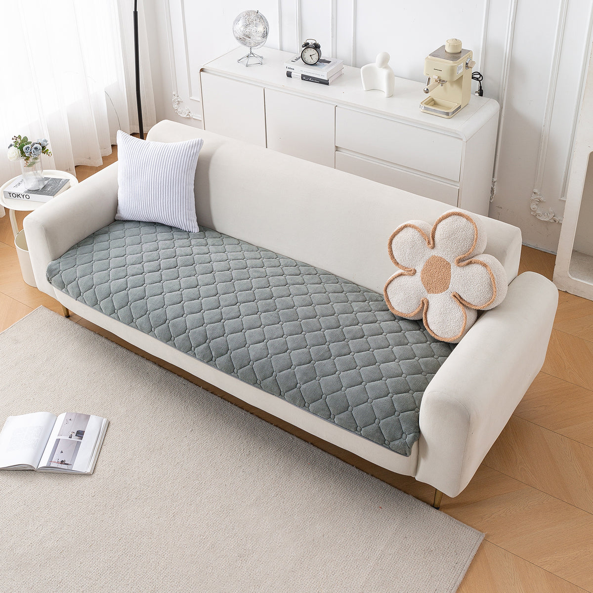 Diamond Tuft Plush Sofa Cover Mat, Stone Grey