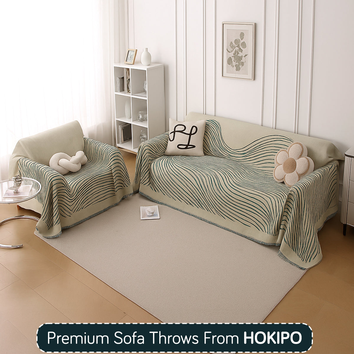 Buy Peacock Green Colour WaveLoom Chenille Sofa Throw for 3+1 Sofa Sets | HOKIPO