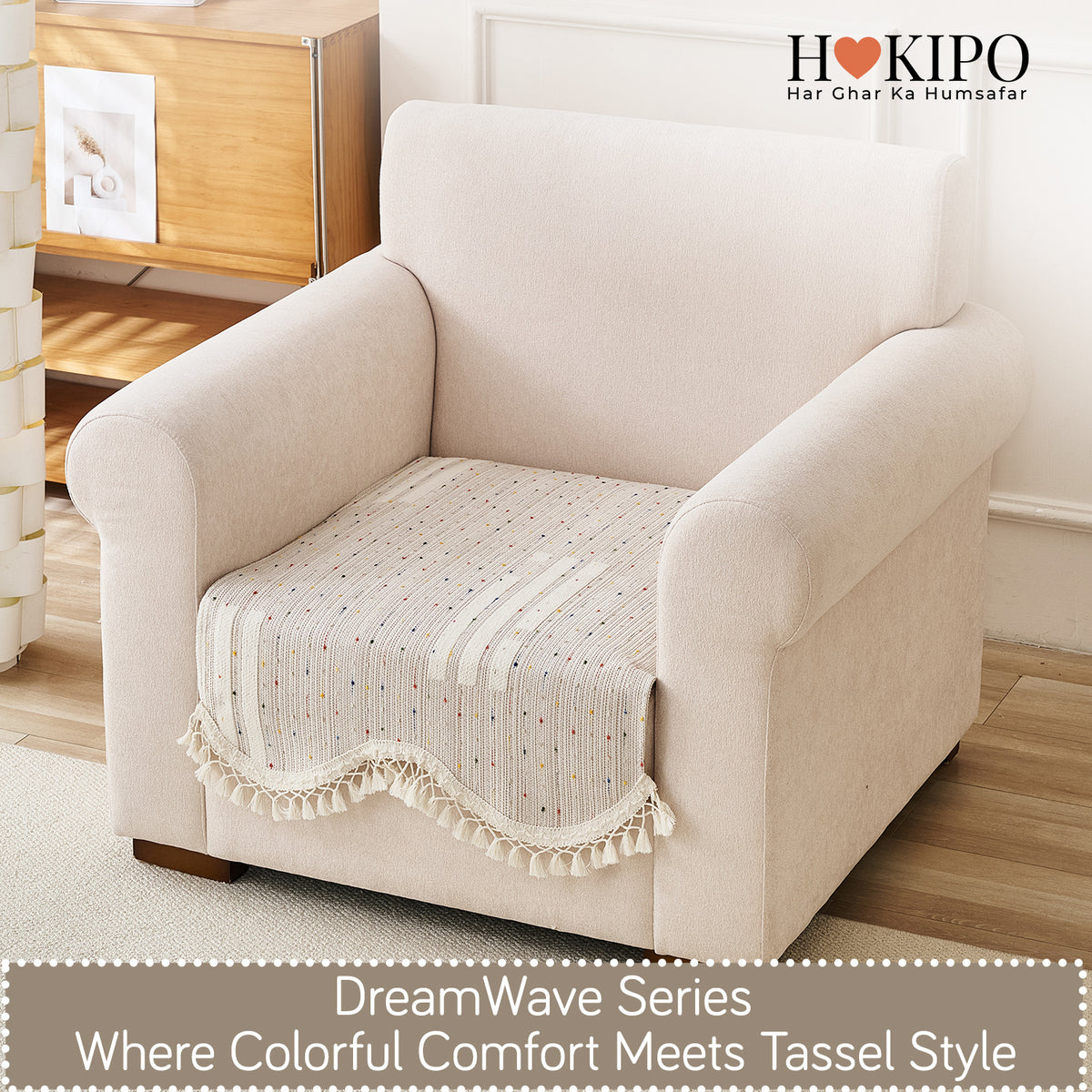 DreamWave Chenille with Tassels Sofa Cover Mat, Pastel Sand