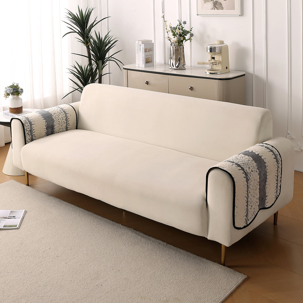 Luxury Wavy Plush Anti-Slip Sofa Cover Mats - Pewter Grey