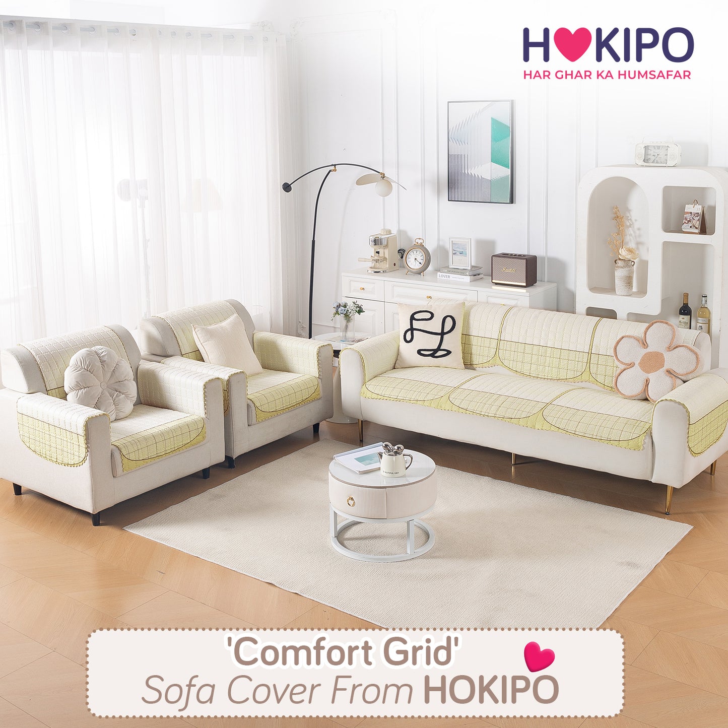 'Comfort Grid Series' Premium Quilted 5 (3+1+1) Seater Sofa Cover Set with Foam Filling | Butter Cream