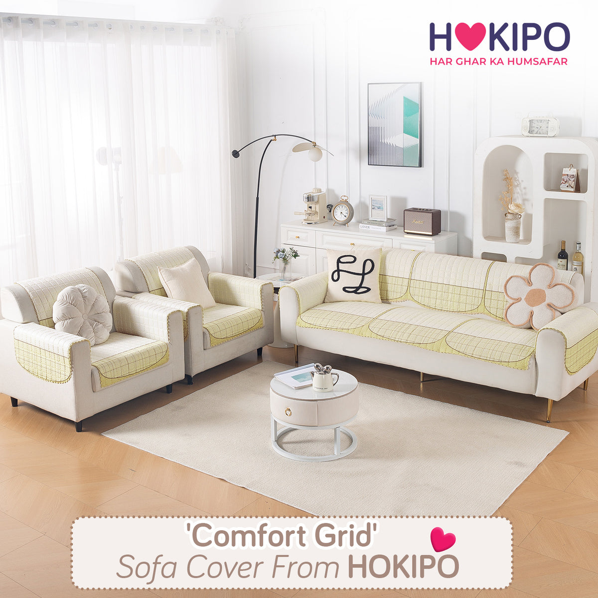 'Comfort Grid Series' Premium Quilted 5 (3+1+1) Seater Sofa Cover Set with Foam Filling | Butter Cream