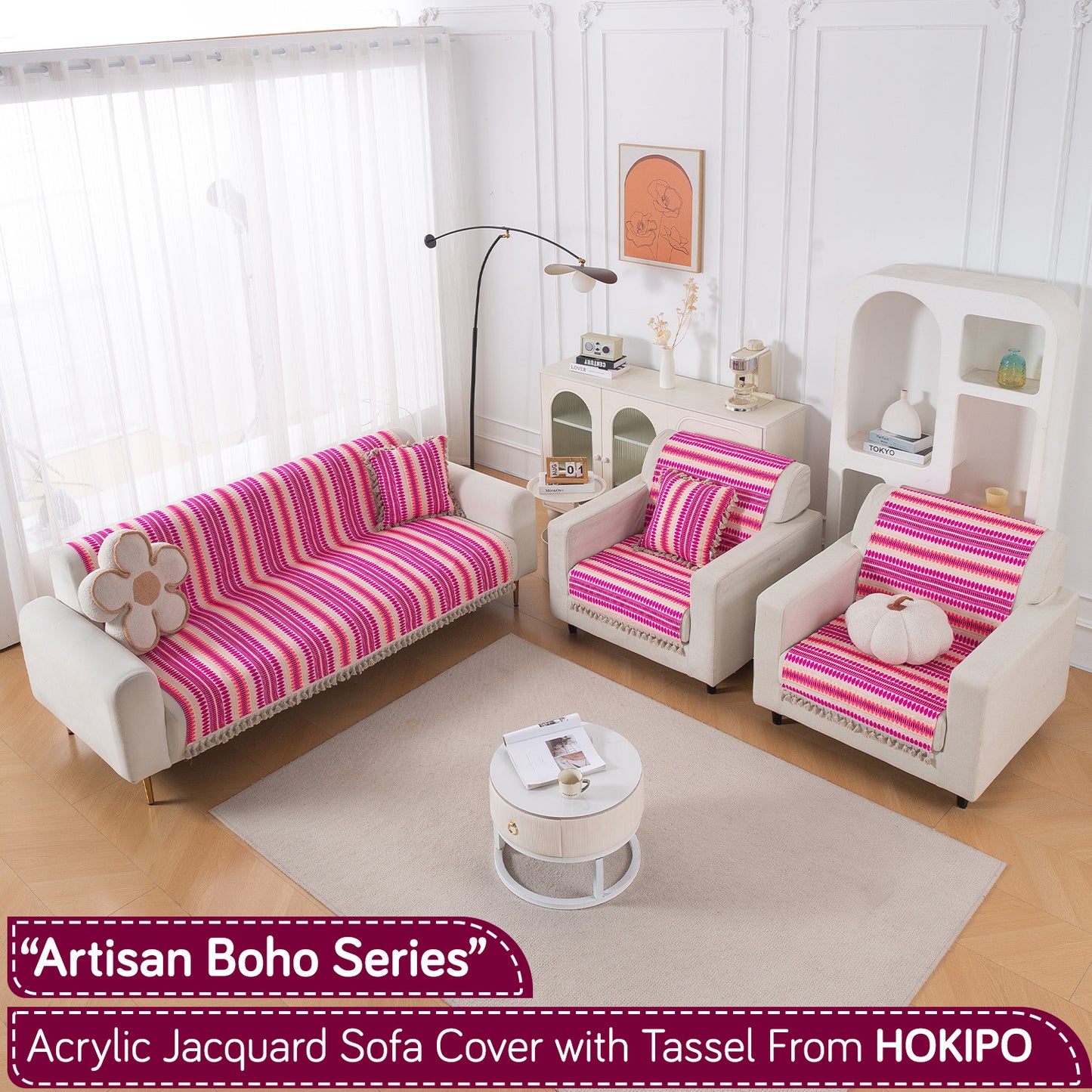 Artisan Boho Series 5-Seater Sofa Cover with Tassels (3+1+1), Fuchsia Pink