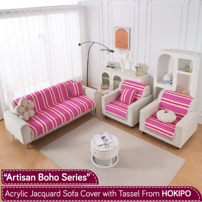Artisan Boho Series 5-Seater Sofa Cover with Tassels (3+1+1), Fuchsia Pink