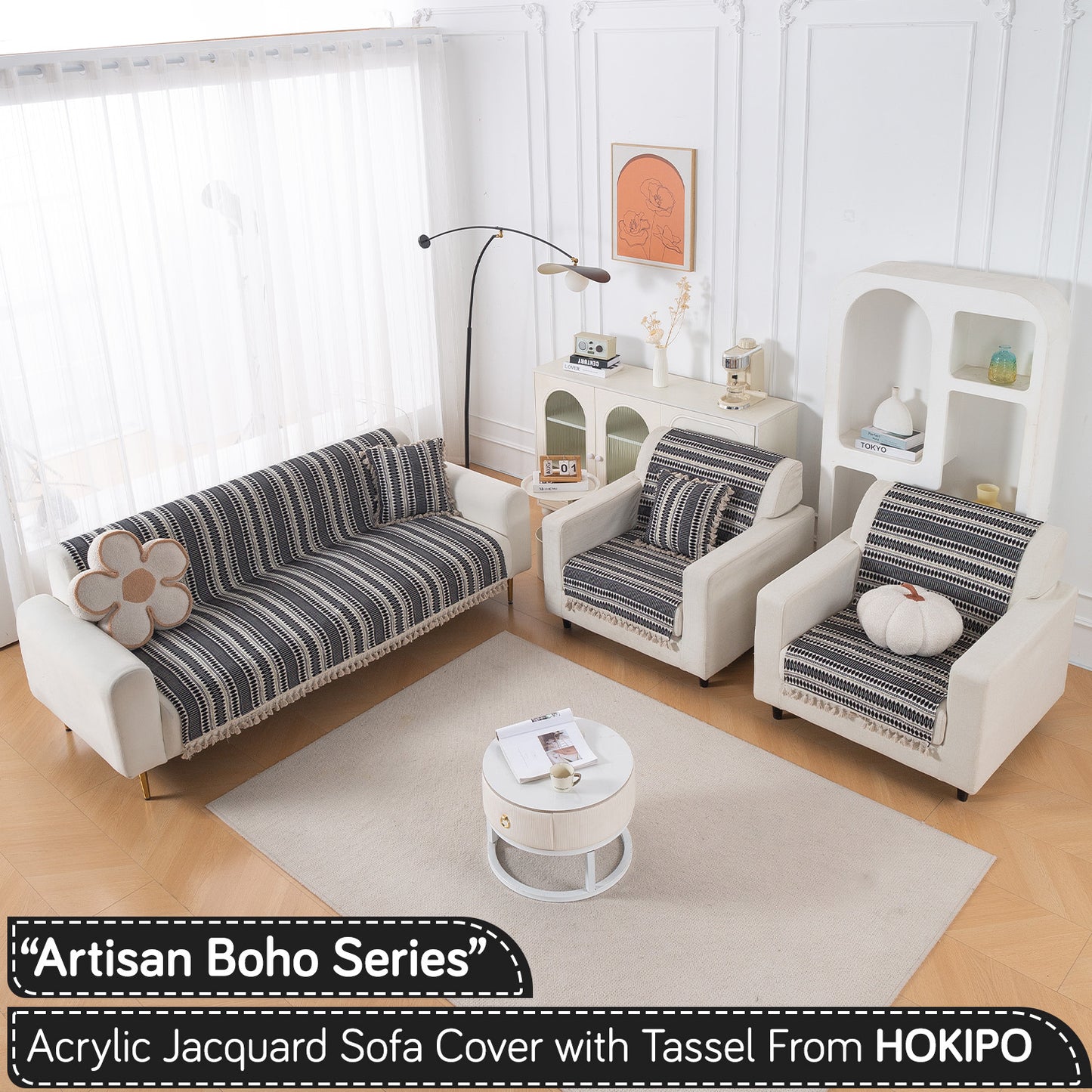Artisan Boho Series 5-Seater Sofa Cover with Tassels (3+1+1), Charcoal Black
