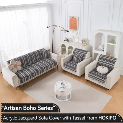 Artisan Boho Series 5-Seater Sofa Cover with Tassels (3+1+1), Charcoal Black