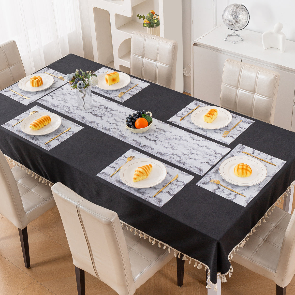 Marble Fusion PVC Mats for Dining Table, Misty Clouds - Spanish Grey