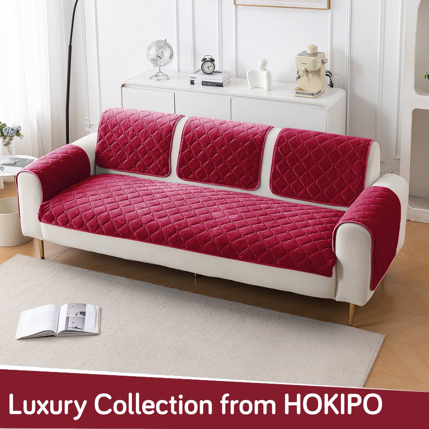 Diamond Tuft Plush Sofa Cover Mat, Raspberry Red