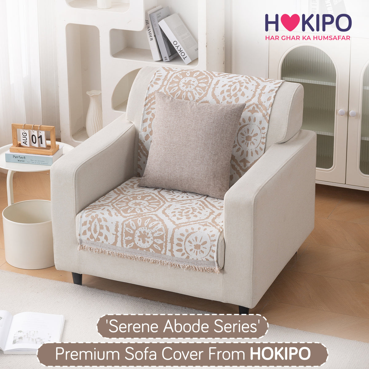 Premium 320 GSM Chenille Sofa Cover 'Serene Abode Series', Boho Floral Tile