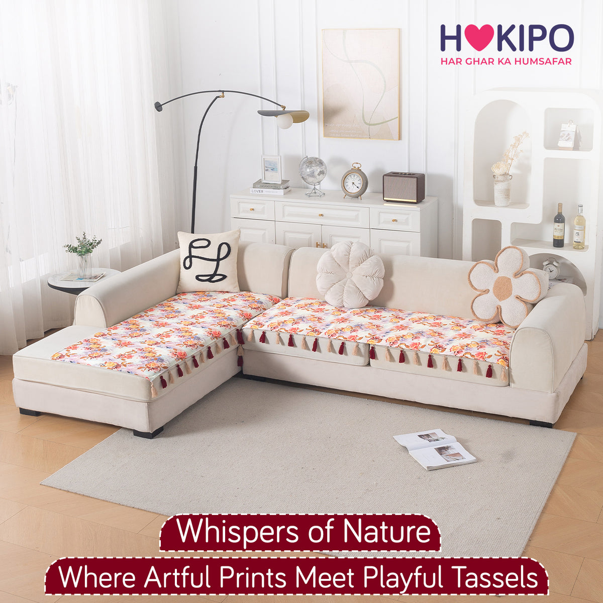 Whispers of Nature' Series Holland Velvet L Shape Sofa Cover Seat Mat with Tassels, Vintage Rose Bloom