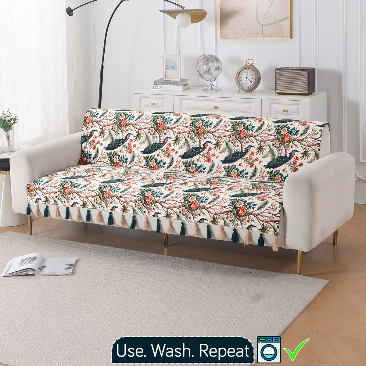 'Whispers of Nature' Series Holland Velvet Sofa Cover with Tassel, Multicolor Tropical Peacock