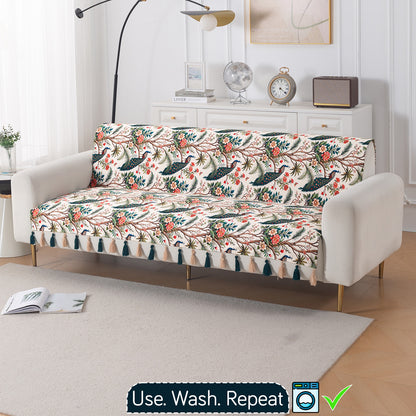 'Whispers of Nature' Series Holland Velvet Sofa Cover with Tassel, Multicolor Tropical Peacock