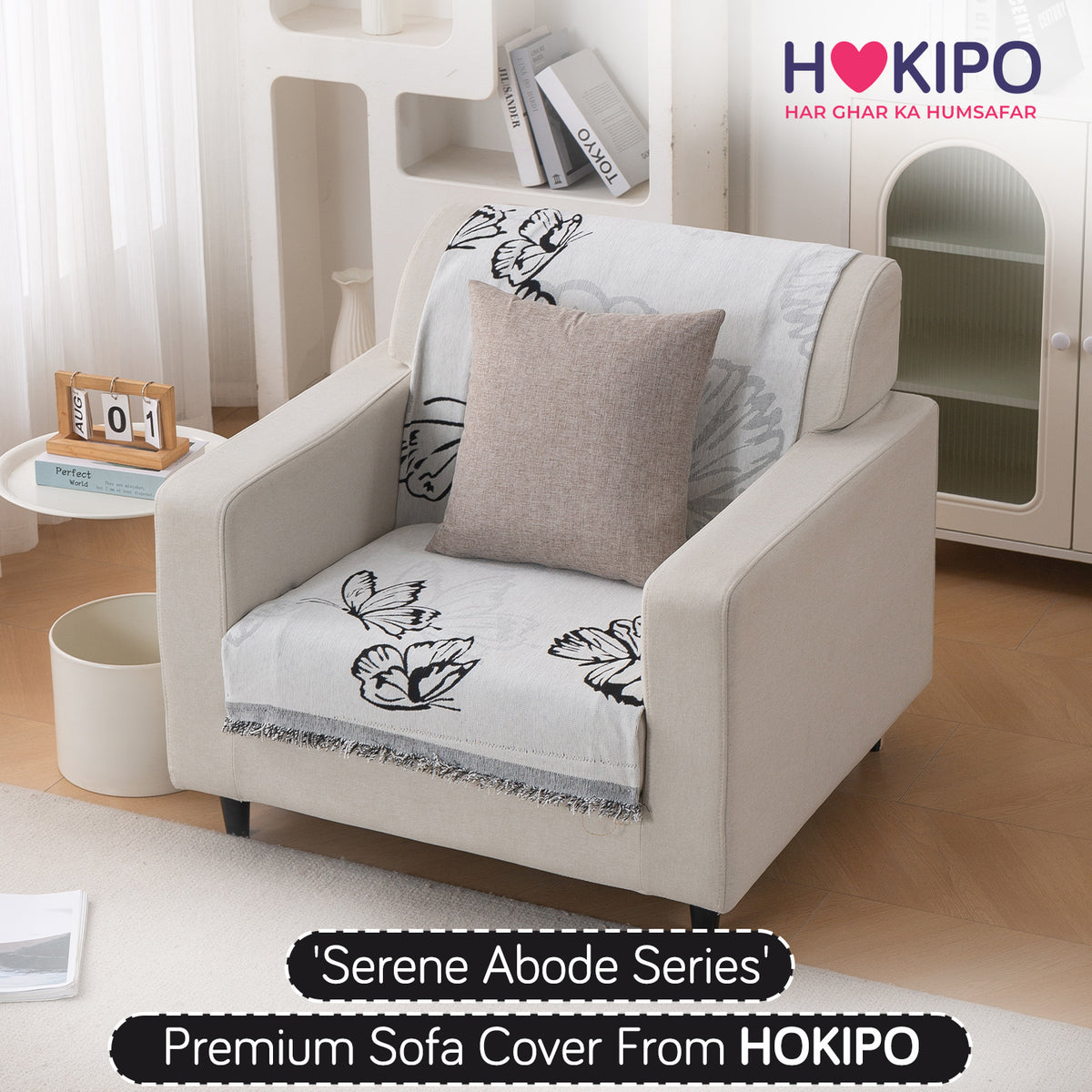 Premium 320 GSM Chenille Sofa Cover 'Serene Abode Series', Monochrome Butterfly