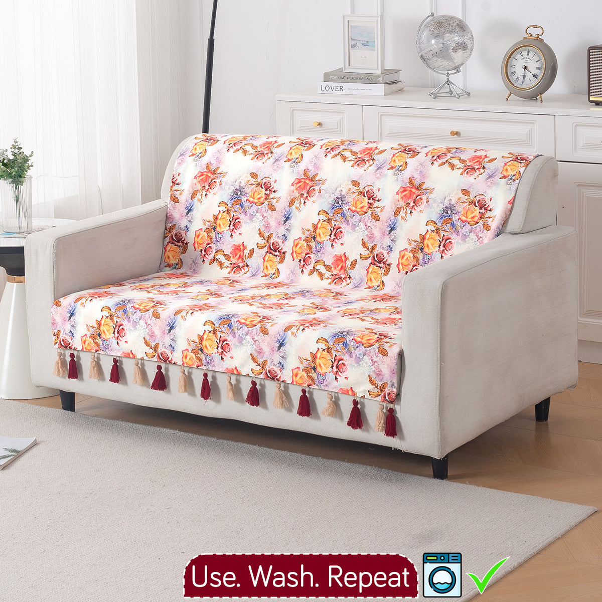 'Whispers of Nature' Series Holland Velvet Sofa Cover with Tassel, Vintage Rose Bloom
