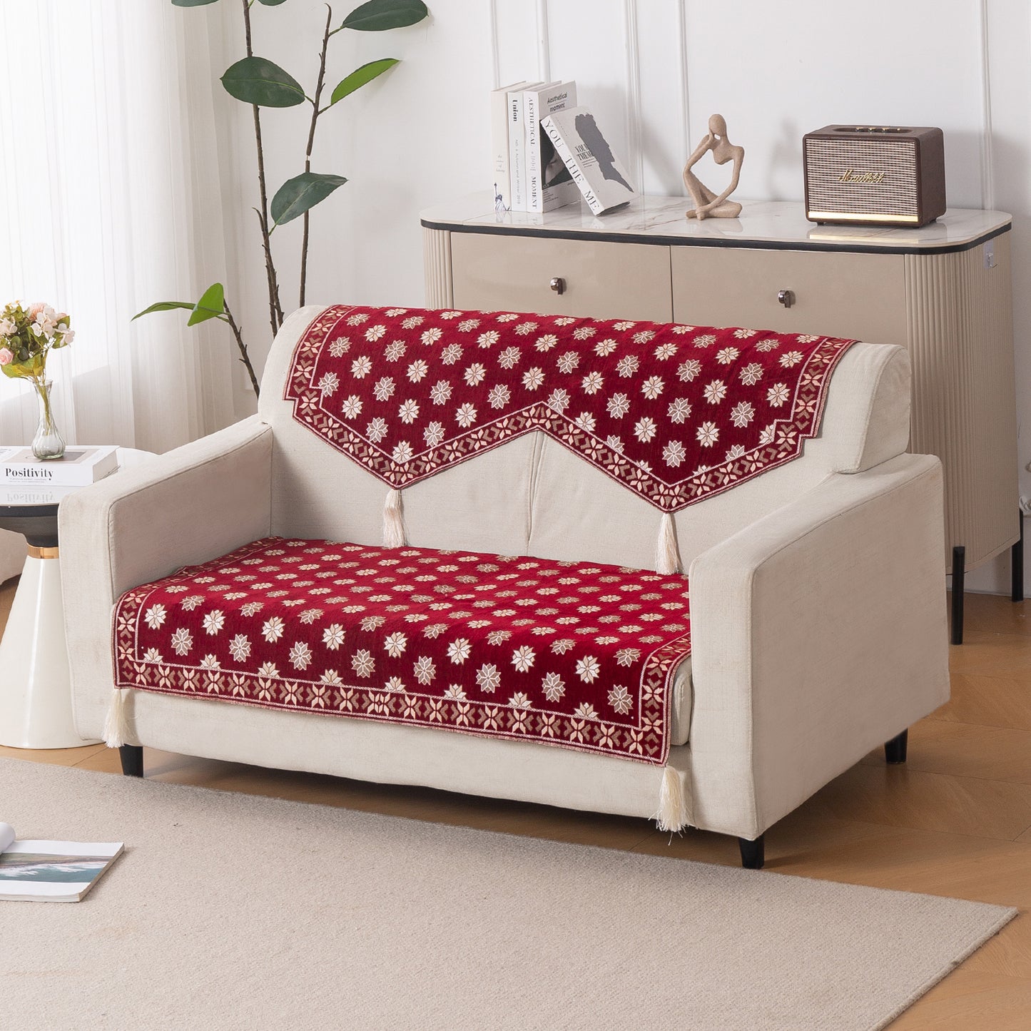 Heritage Weave Premium Jacquard Sofa Cover Set with Tassels -  Crimson Red