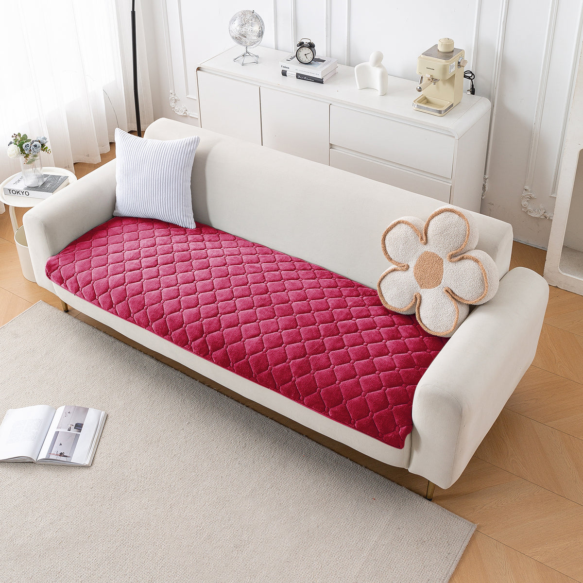 Diamond Tuft Plush Sofa Cover Mat, Raspberry Red