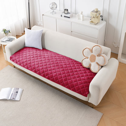 Diamond Tuft Plush Sofa Cover Mat, Raspberry Red
