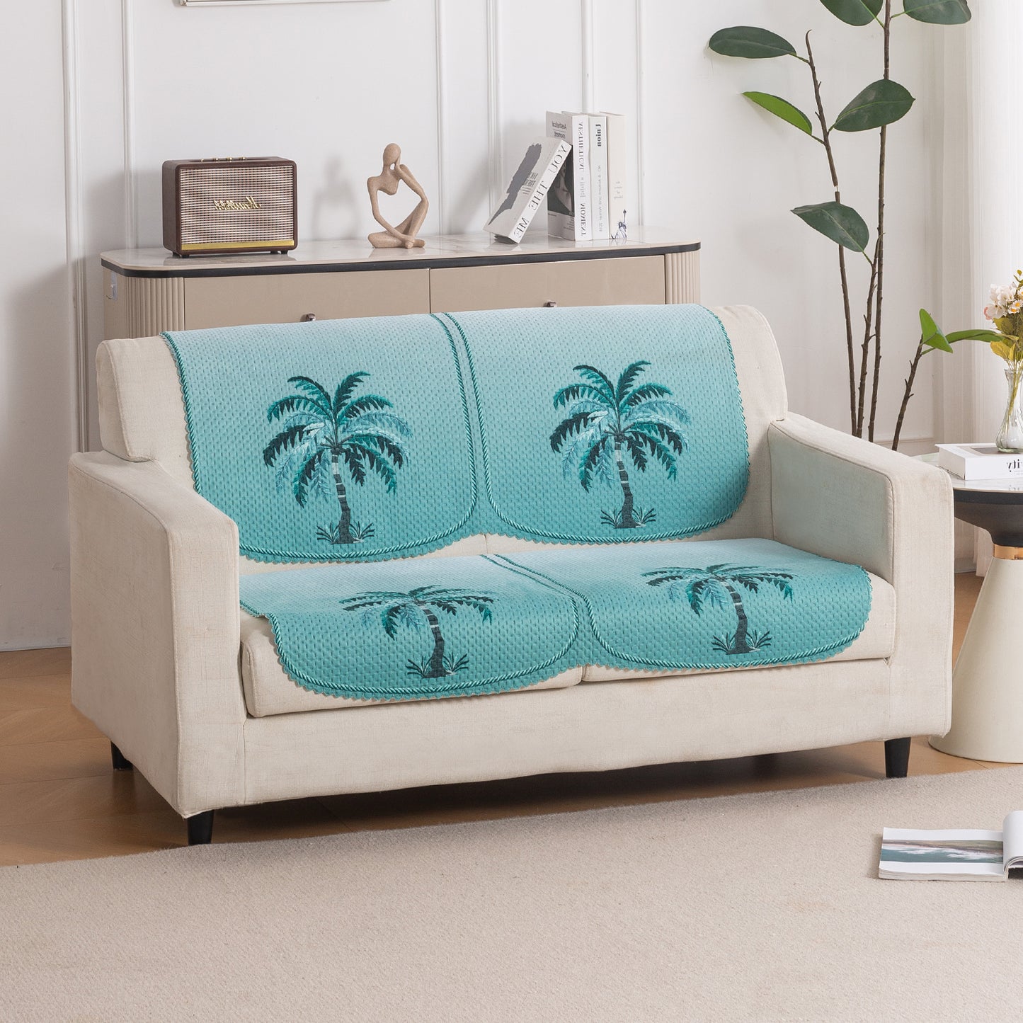 HeavenHue Fleece Soft Touch Quilted Sofa Cover Set Washable Sofa Panel for Seat & Back - Island Breeze