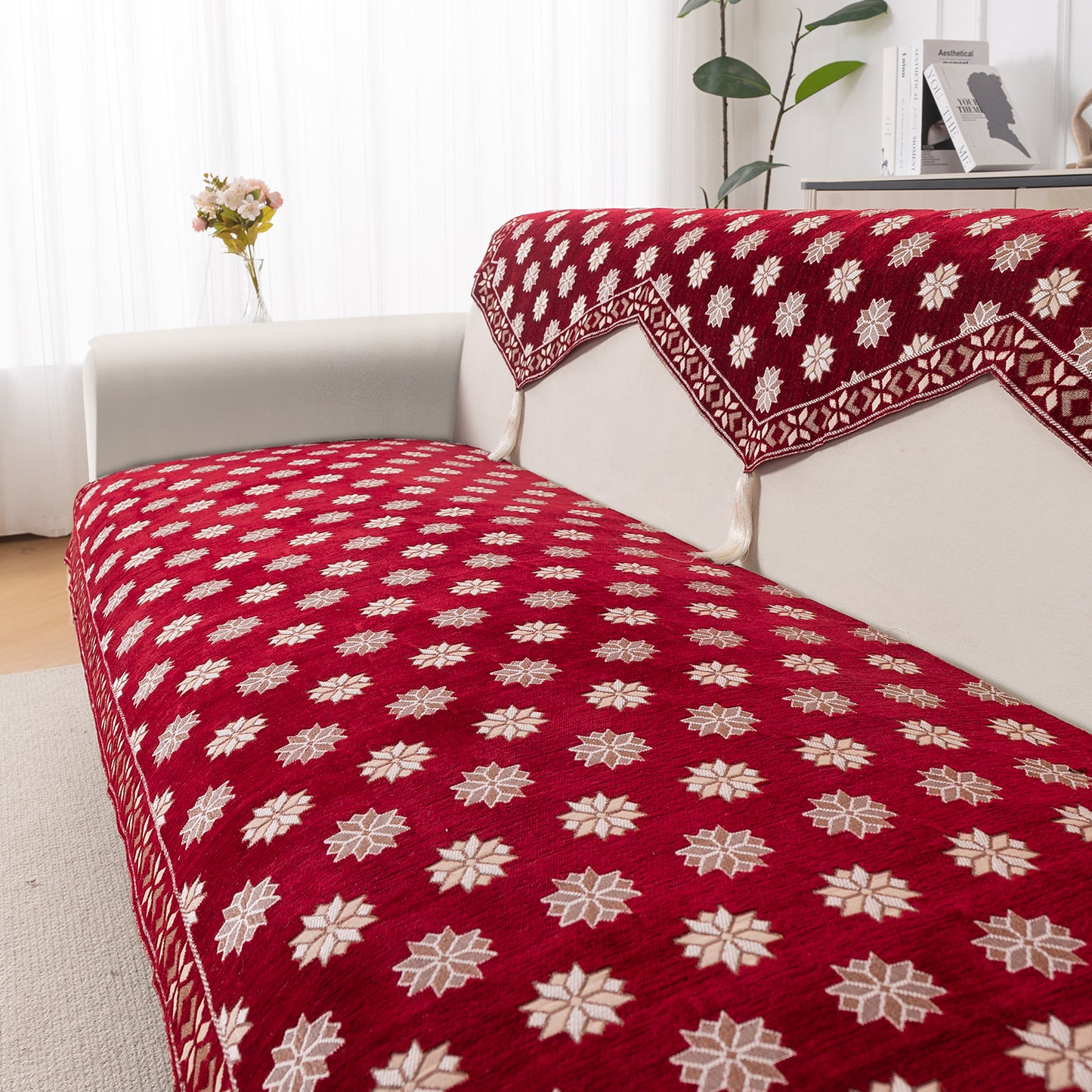Heritage Weave Premium Jacquard Sofa Cover Set with Tassels -  Crimson Red