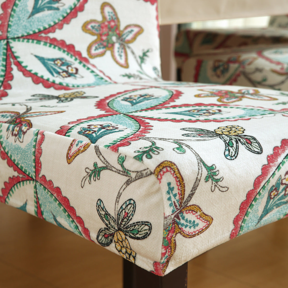 Premium Printed Velvet Dining Chair Cover Set, Beige Persian Garden