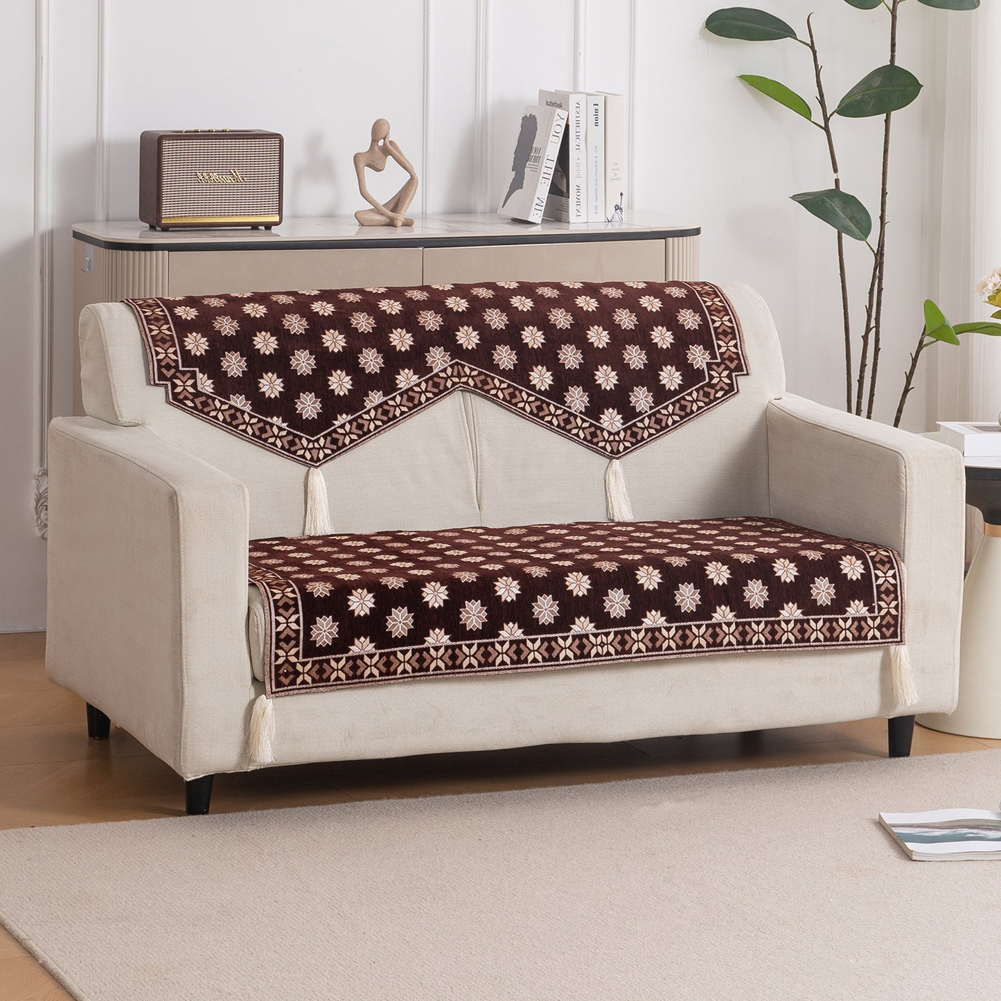 Heritage Weave Premium Jacquard Sofa Cover Set with Tassels - Coffee Brown