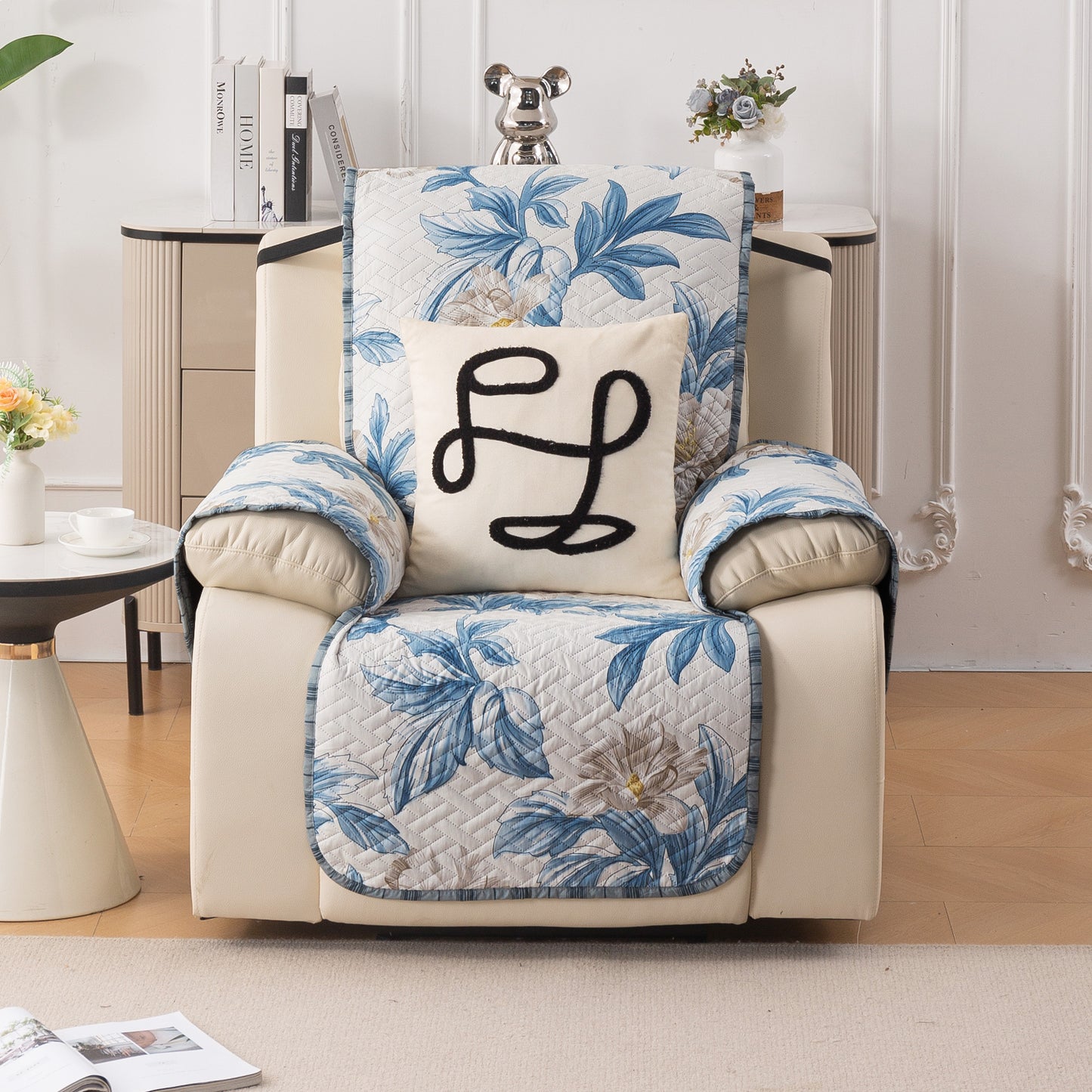 Quilted Cover for Recliner Sofa with SecureFit Belt & Side Pocket, Celadon Blue Camellia