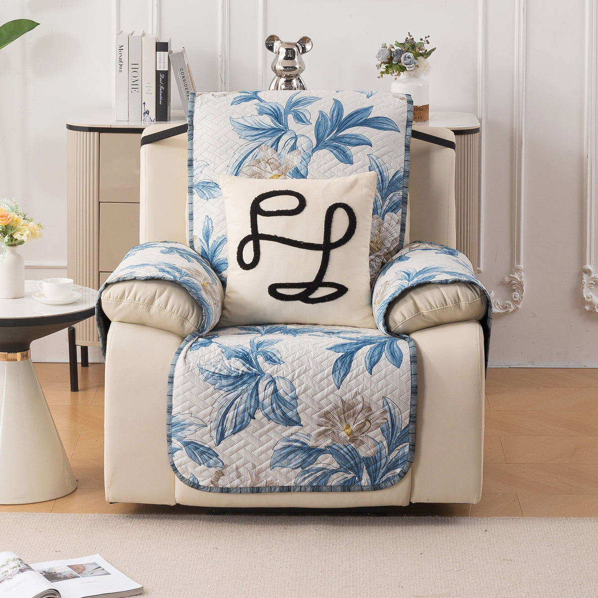 Quilted Cover for Recliner Sofa with SecureFit Belt & Side Pocket, Celadon Blue Camellia
