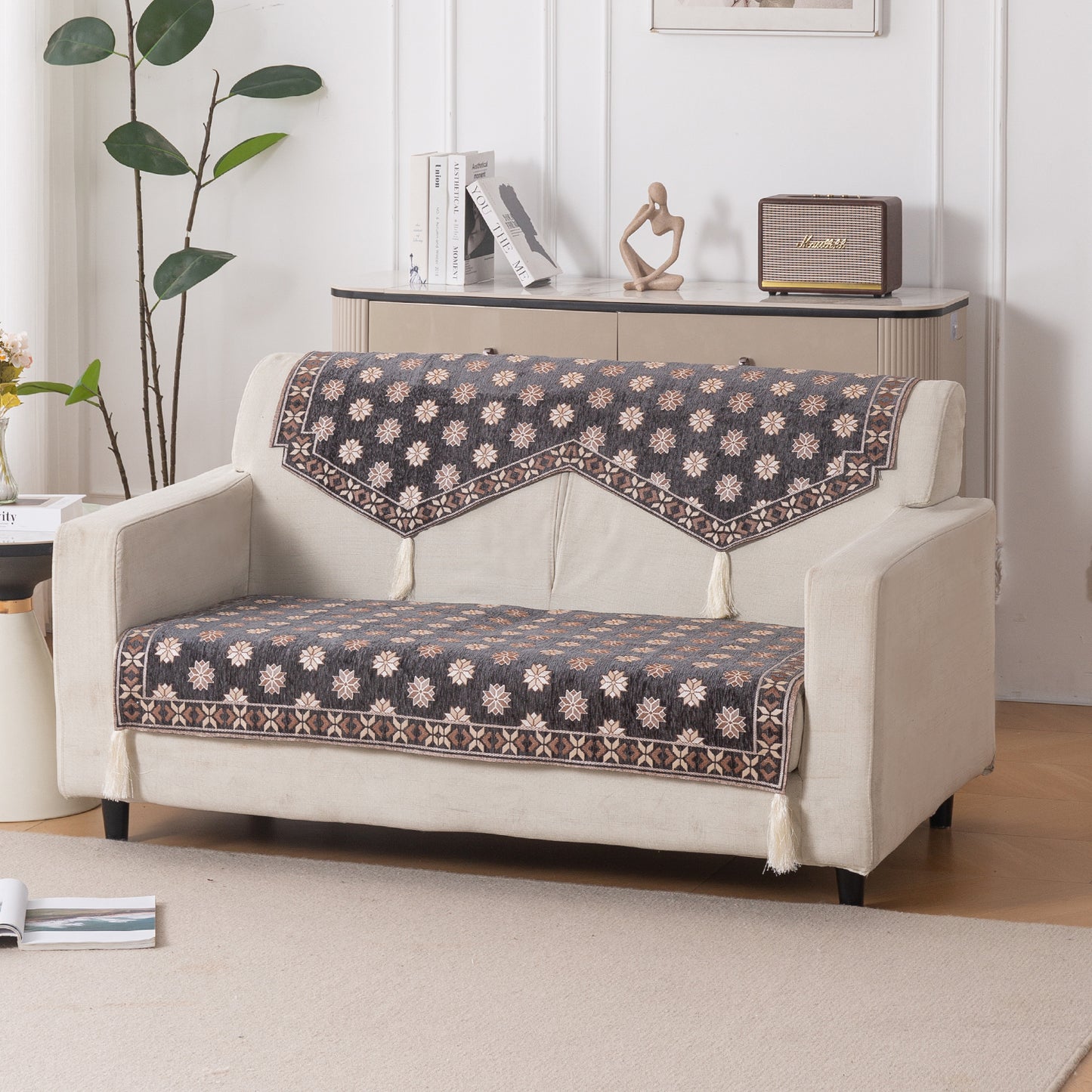 Heritage Weave Premium Jacquard Sofa Cover Set with Tassels - Graphite Grey
