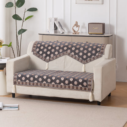 Heritage Weave Premium Jacquard Sofa Cover Set with Tassels - Graphite Grey