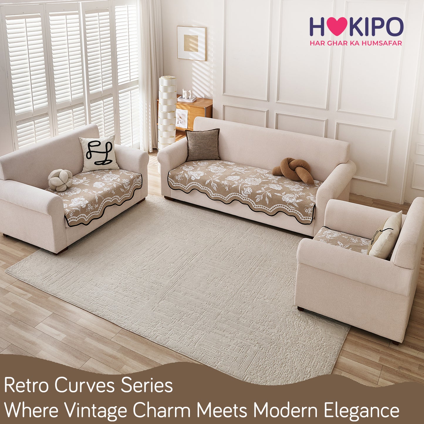 Chenille Sofa Cover Mat with Curvy Edges, 'Retro Curves Series' Sofa Mat, Sand Beige