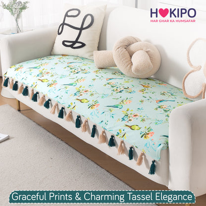 'Whispers of Nature' Series Holland Velvet Sofa Mat with Tassel, Mint Birdsong Blossom