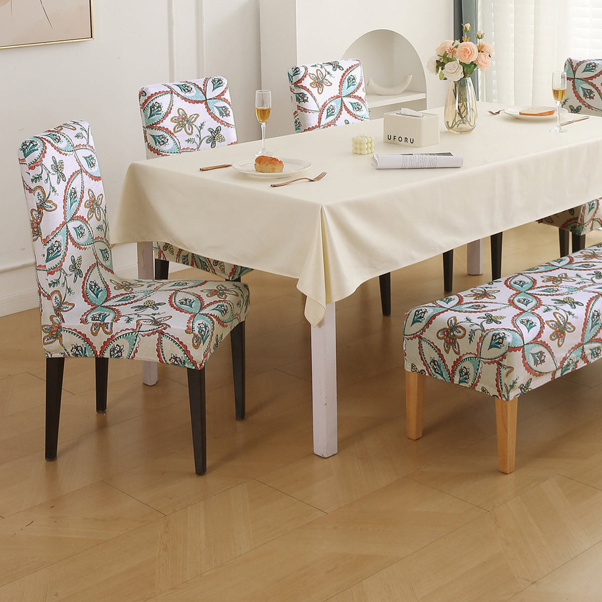 Premium Velvet Cover Set for 4 Dining Chairs + 1 Dining Bench, Beige Persian Garden