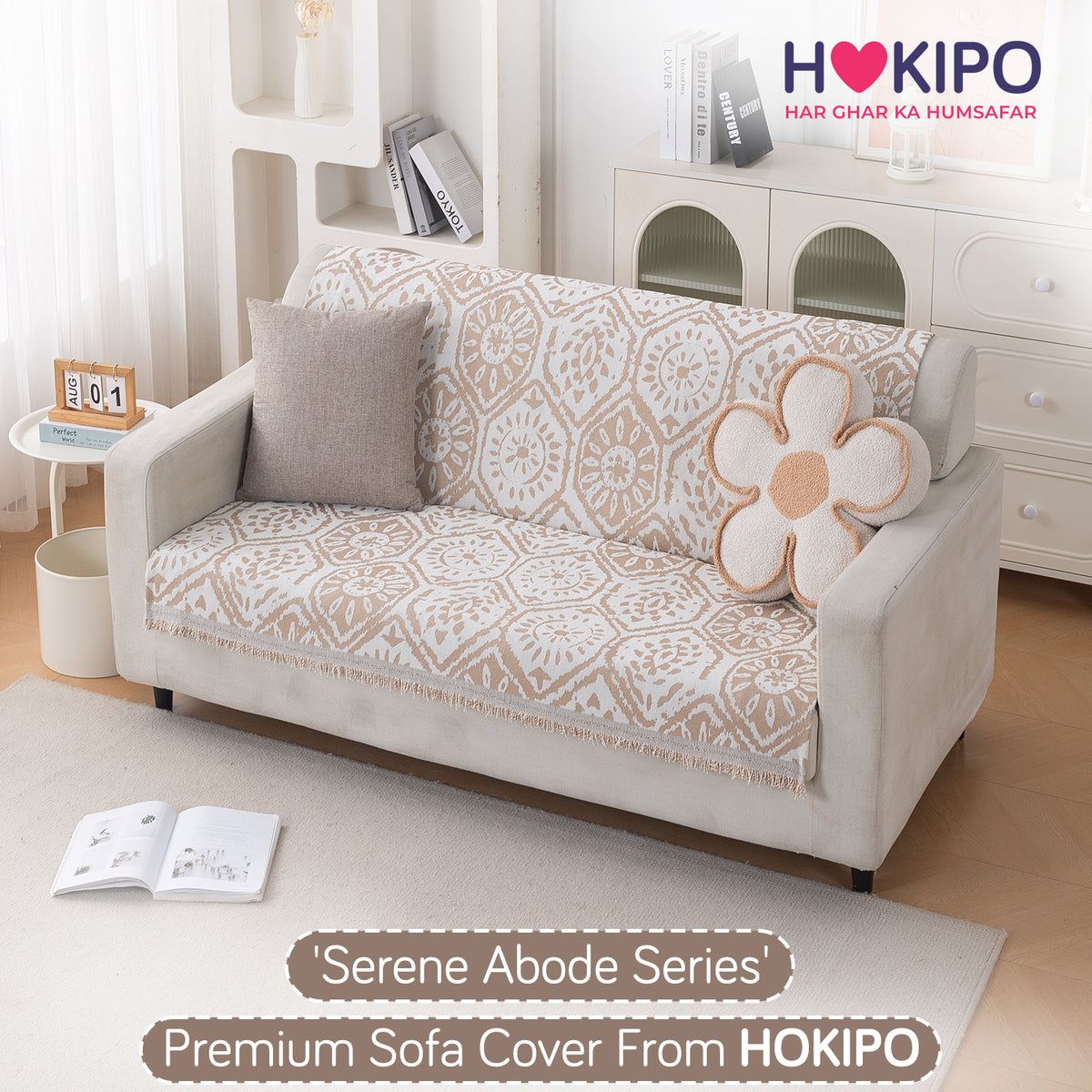 Premium 320 GSM Chenille Sofa Cover 'Serene Abode Series', Boho Floral Tile