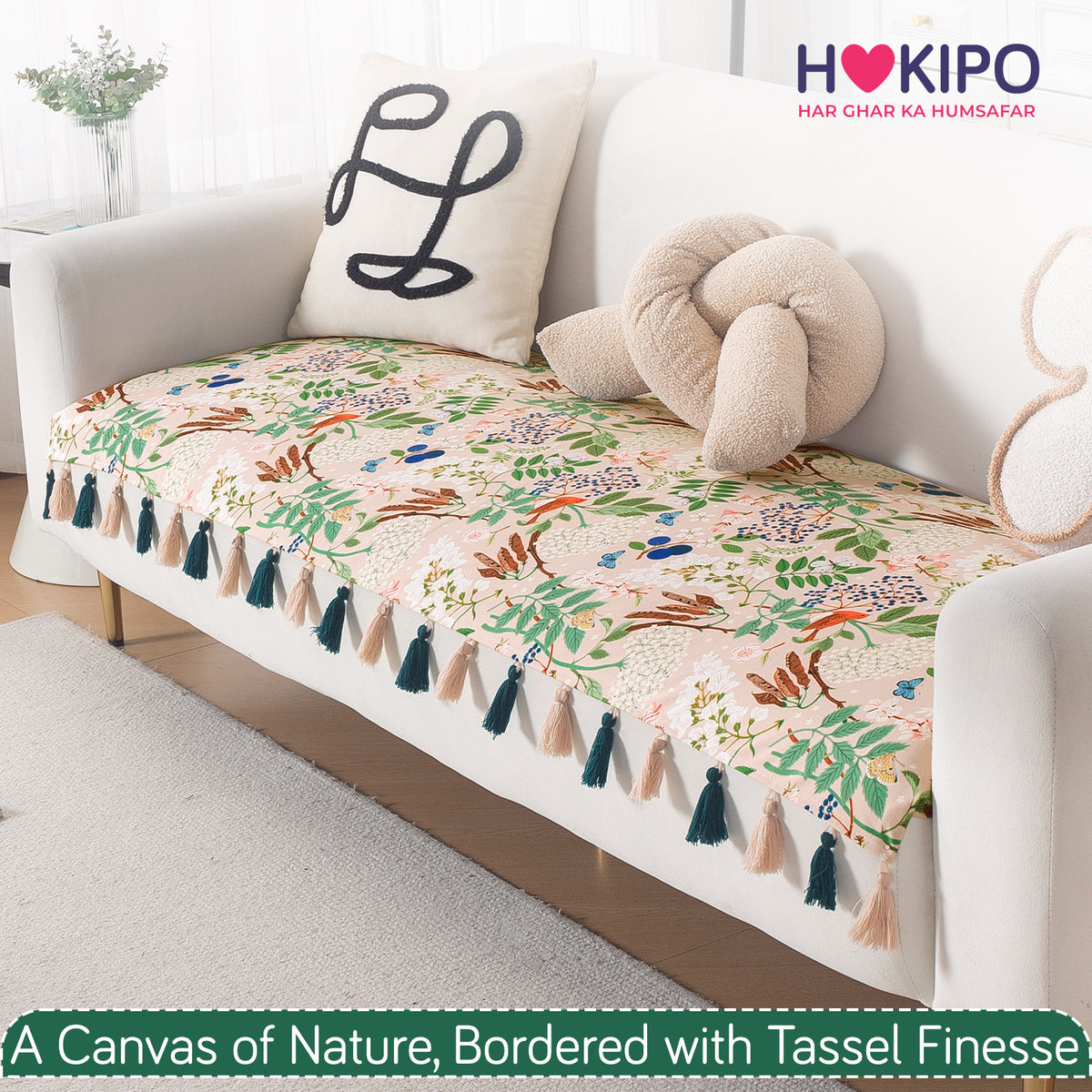 'Whispers of Nature' Series Holland Velvet Sofa Mat with Tassel, Beige Woodland Bloom