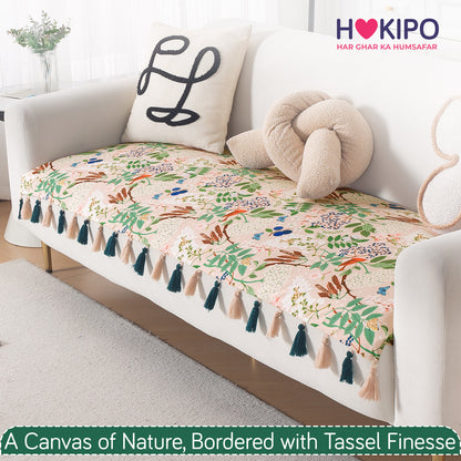 'Whispers of Nature' Series Holland Velvet Sofa Mat with Tassel, Beige Woodland Bloom