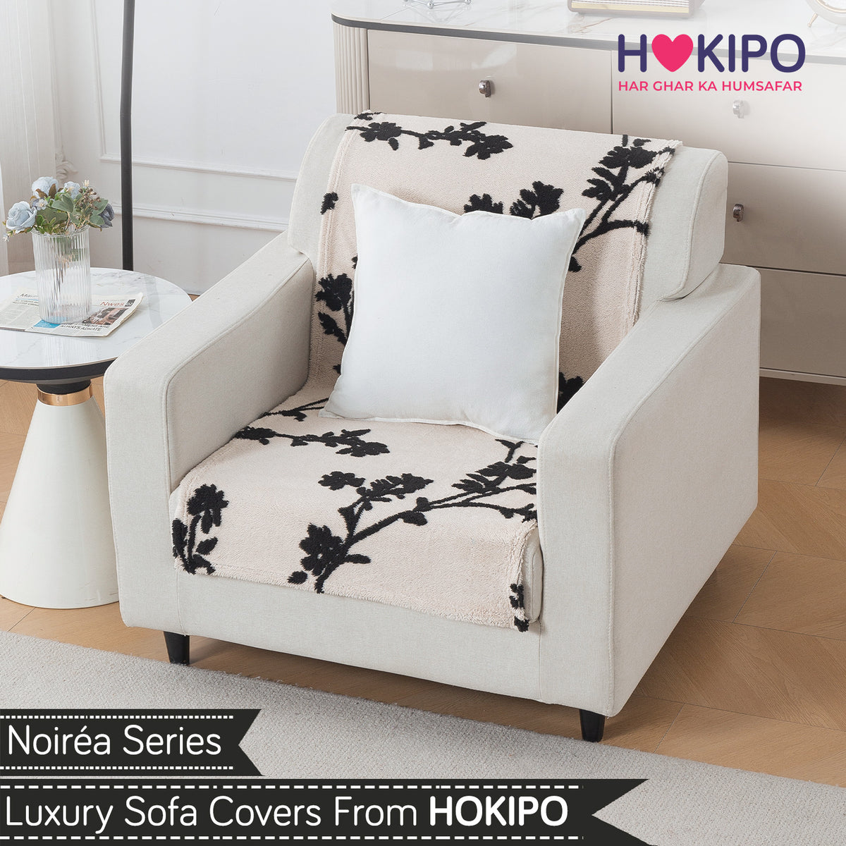 'Noirea Series' Plush Sofa Cover for Seat & Back, Botanical Vine