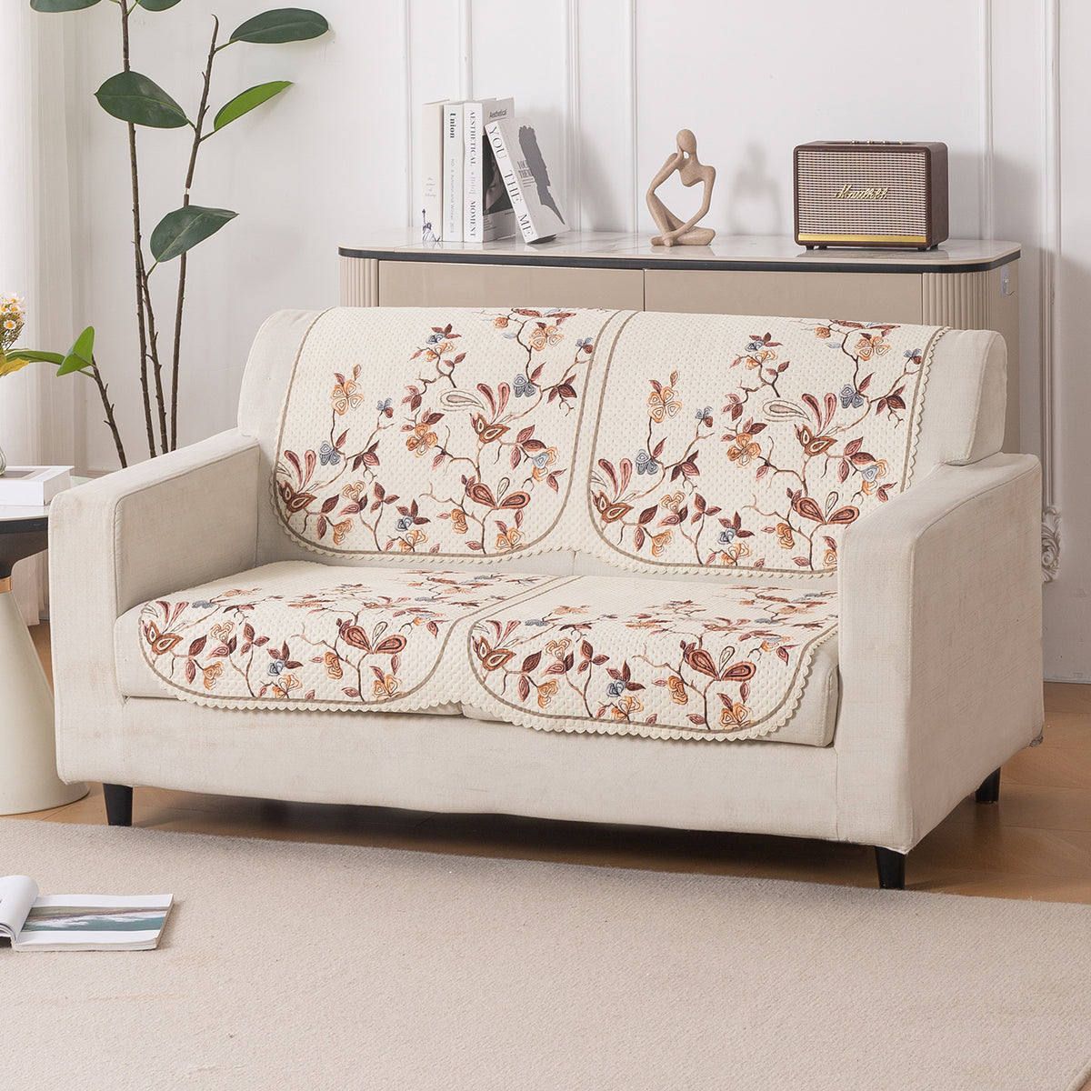 HeavenHue Fleece Soft Touch Quilted Sofa Cover Set – Washable Sofa Panel for Seat & Back - Autumn Whisper