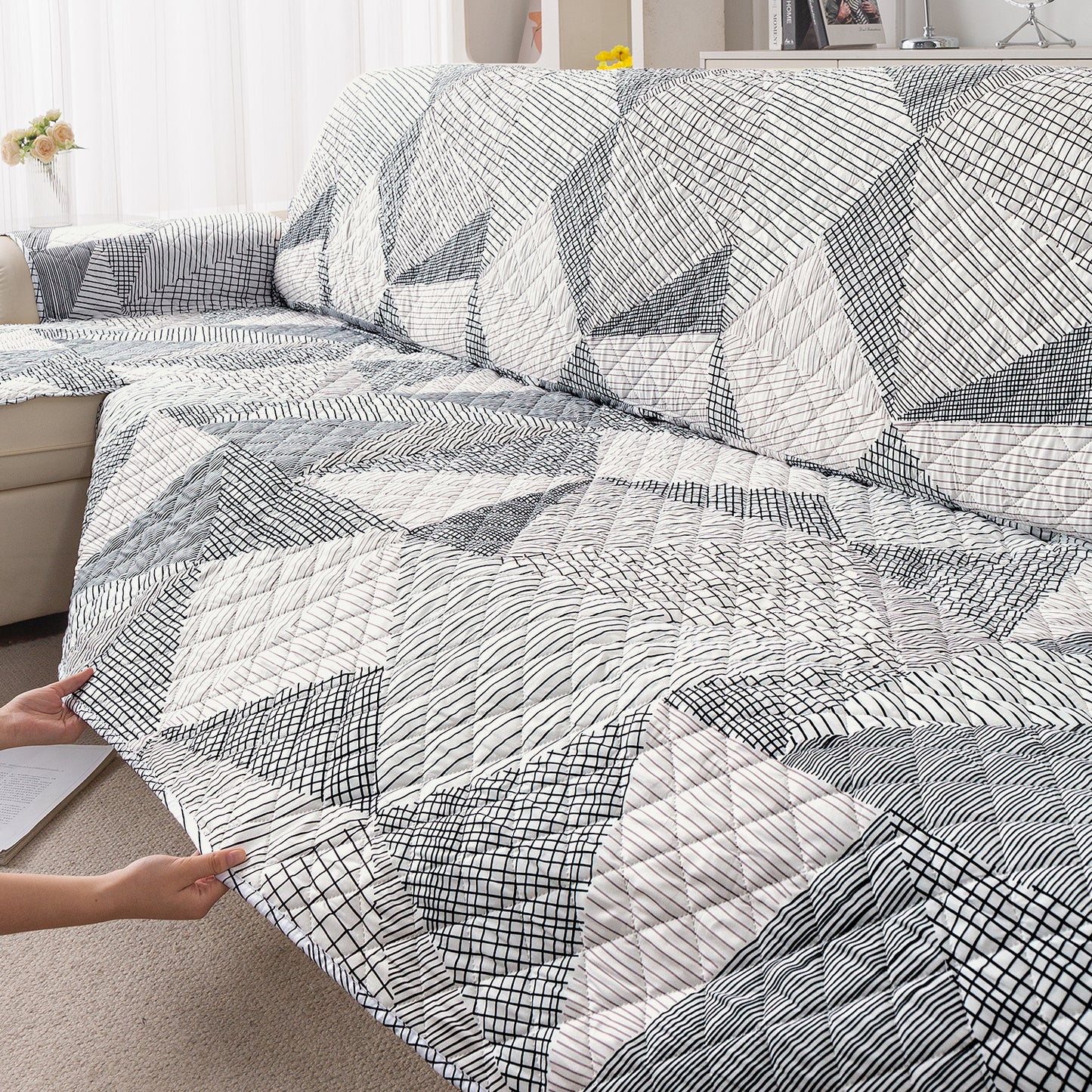 Elira Series Quilted One-Piece L Shape Sofa Cover Mat with Left and Right Chaise, Snow White Black Geometry